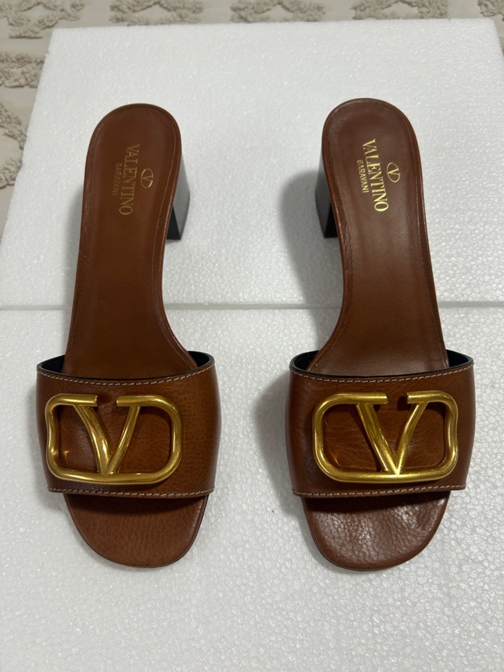 Valentino Brown Leather Slides with Gold V Logo